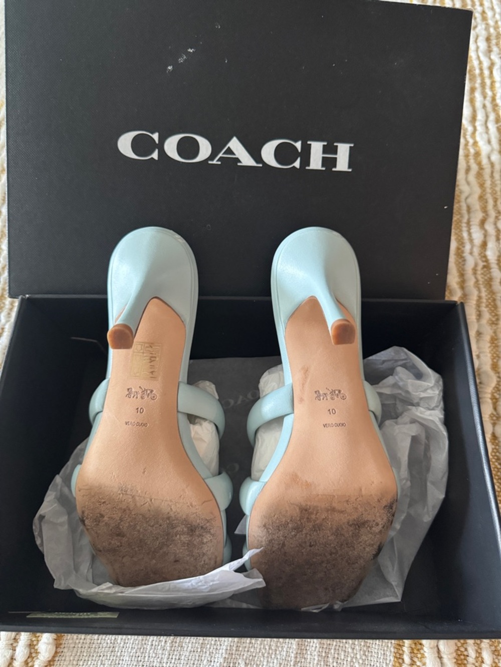 COACH Women's Pale Blue Knotted Leather Slide heel sandal with org box - Picture 8 of 10